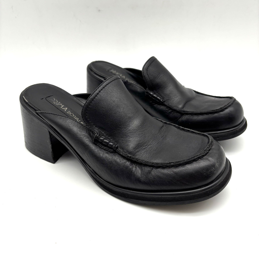 Vintage 00s Y2K Prima Royale MAGGIE Black Leather Slip On Block Heel Mules 9.5M